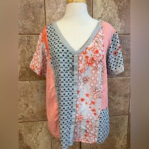 Orientique Naturally Australian Button Front Mixed Print Short Sleeve Top Sz XL